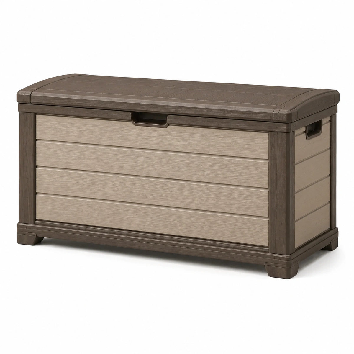 Coffre de rangement extérieur en plastique effet bois marron foncé et marron clair, 117 x 56 x 64 cm