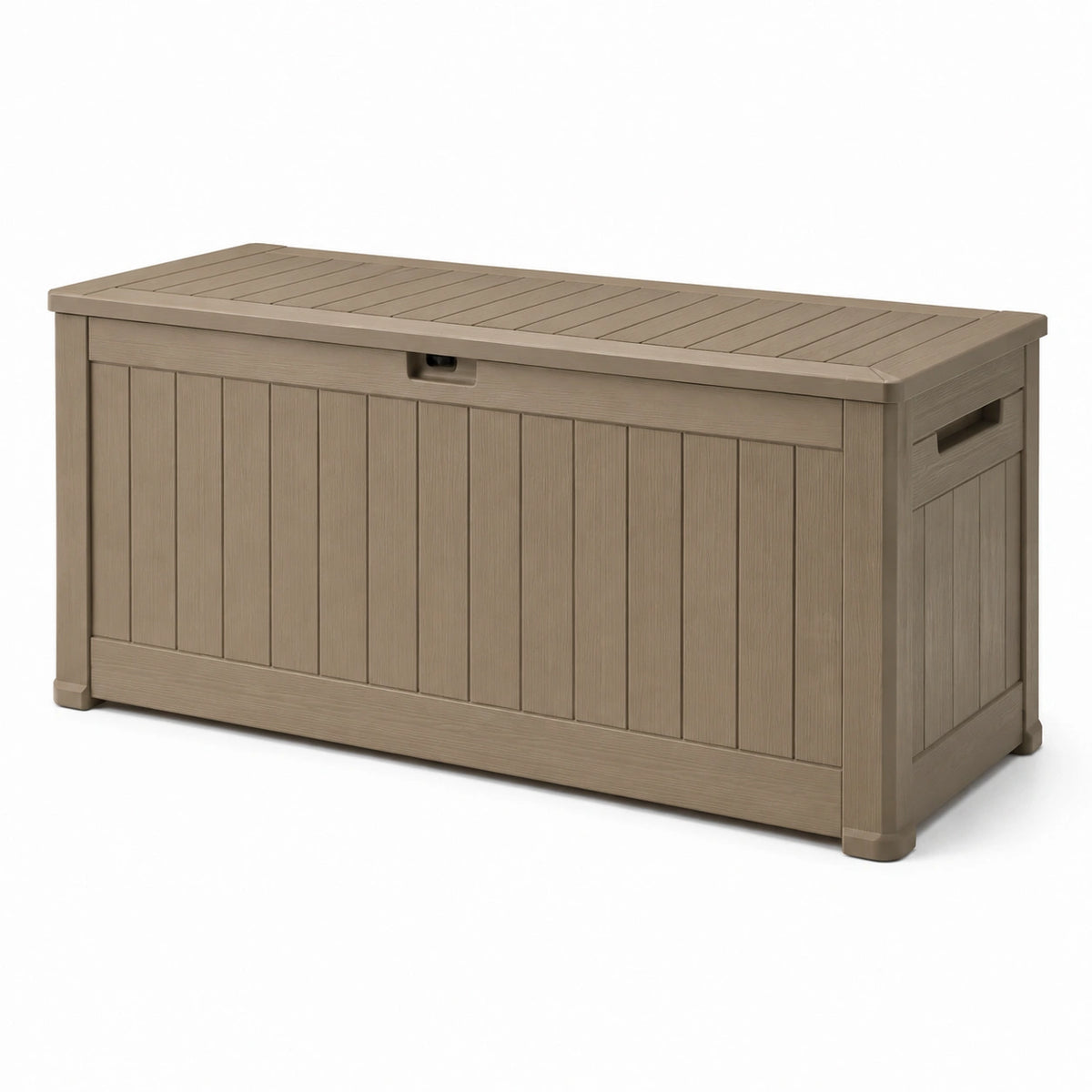 Coffre de rangement extérieur en polypropylène taupe effet bois avec couvercle, 120 x 60 x 60 cm