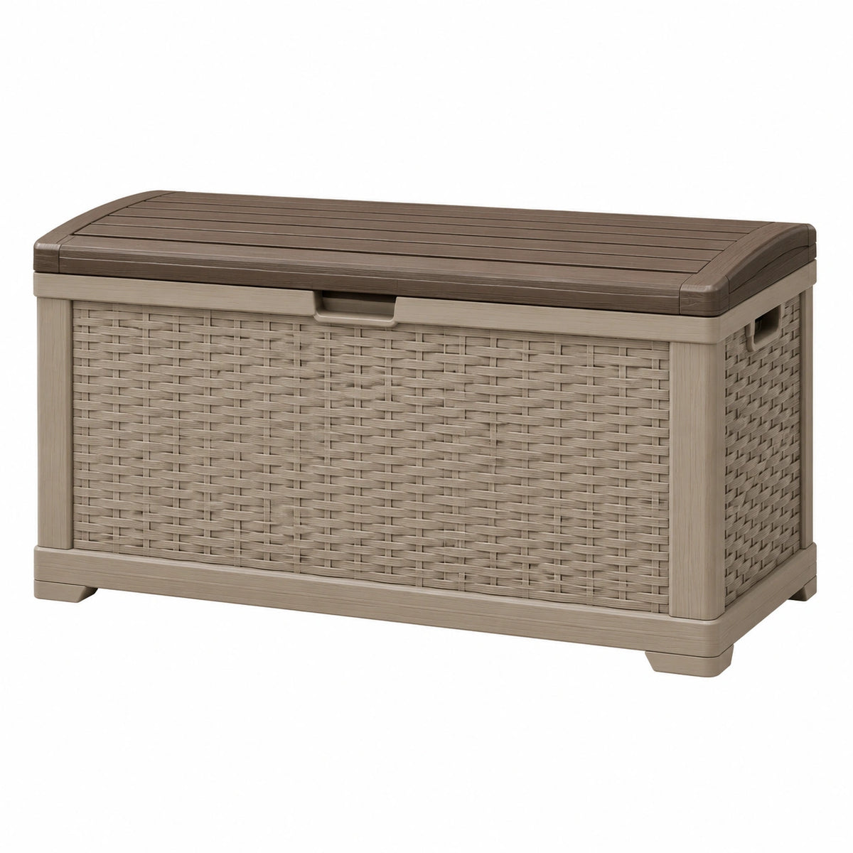Coffre de rangement extérieur en plastique taupe et marron, aspect tressé, 120 x 56 x 63 cm