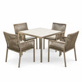 Ensemble extérieur 4 places avec plateau carré 90 x 90 x 75 cm, taupe et beige
