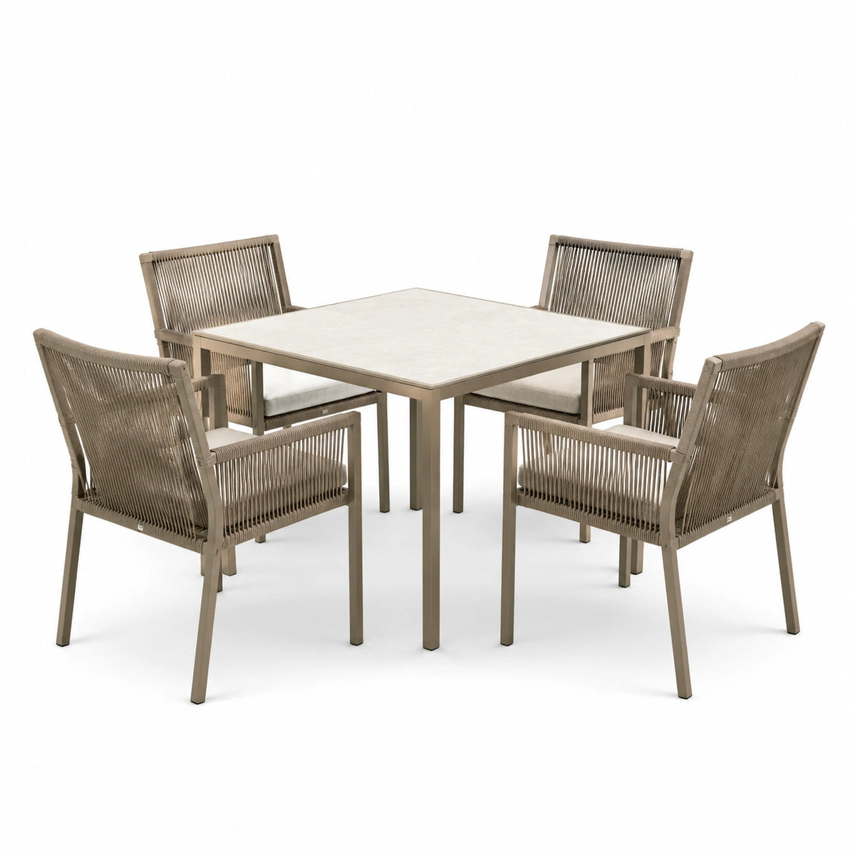 Ensemble extérieur 4 places avec plateau carré 90 x 90 x 75 cm, taupe et beige