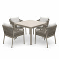 Salon de jardin 5 pièces beige et blanc cassé avec table carrée 90 x 90 x 75 cm et 4 fauteuils