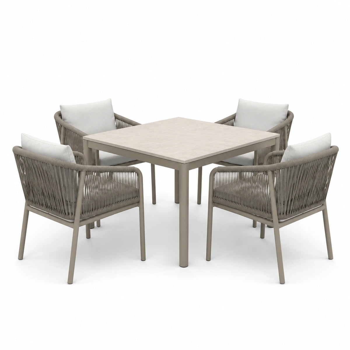 Salon de jardin 5 pièces beige et blanc cassé avec table carrée 90 x 90 x 75 cm et 4 fauteuils