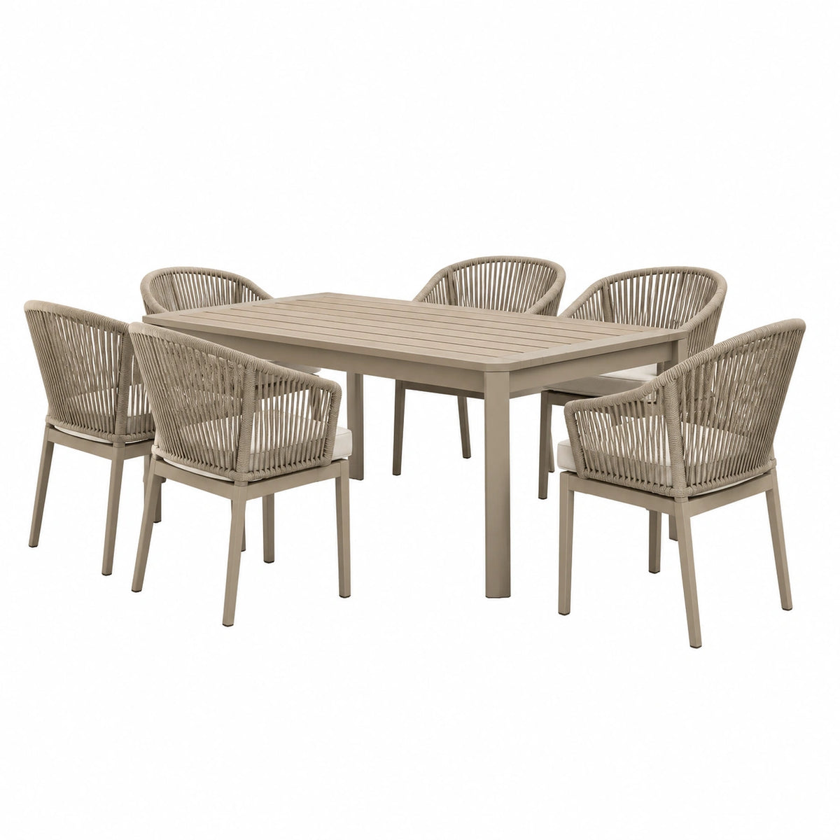 Ensemble repas extérieur beige et taupe avec table 150 x 90 x 75 cm et 6 fauteuils 58 x 62 x 78 cm