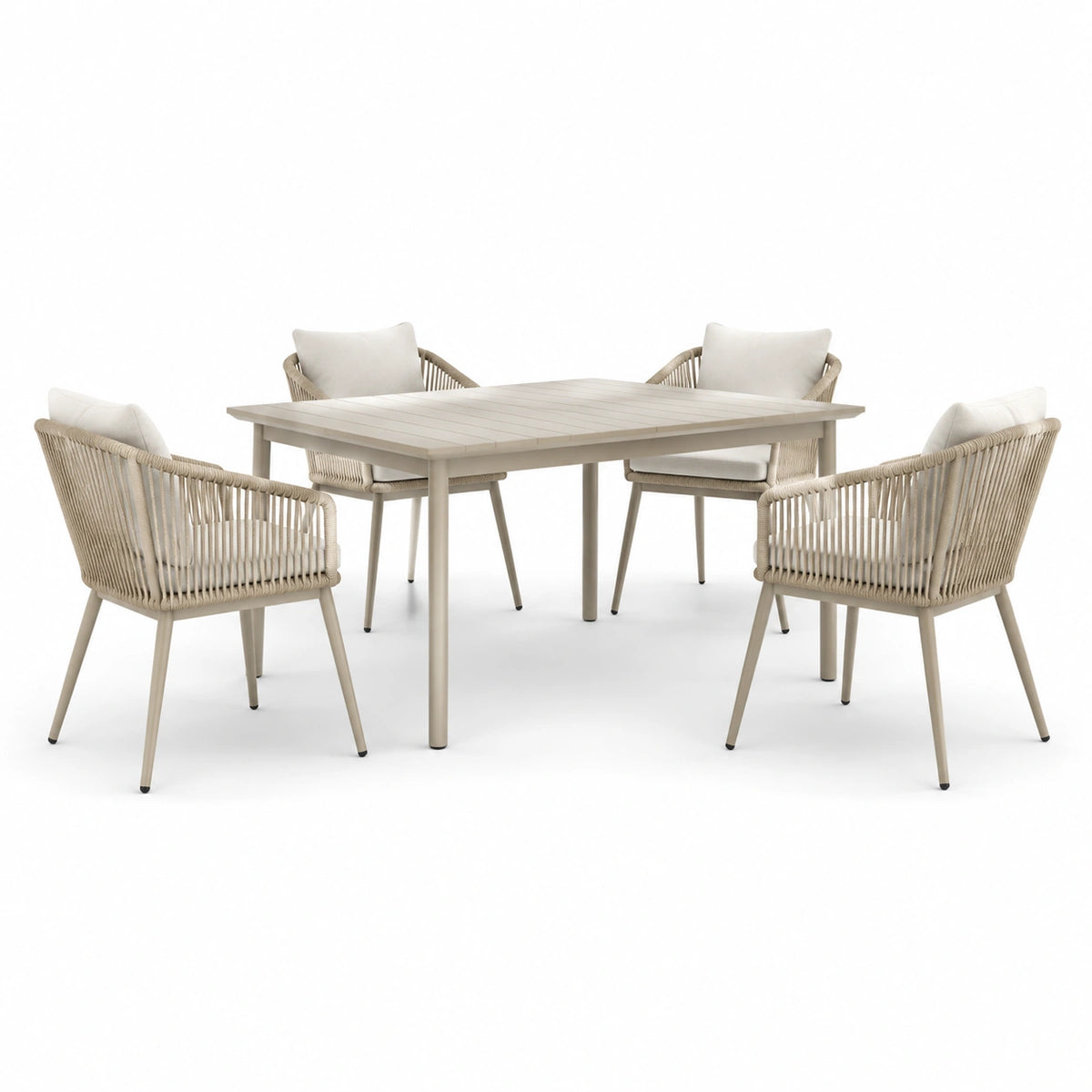 Ensemble de repas extérieur 4 places beige et blanc cassé, table 140 x 80 x 75 cm avec 4 fauteuils 61 x 60 x 82 cm