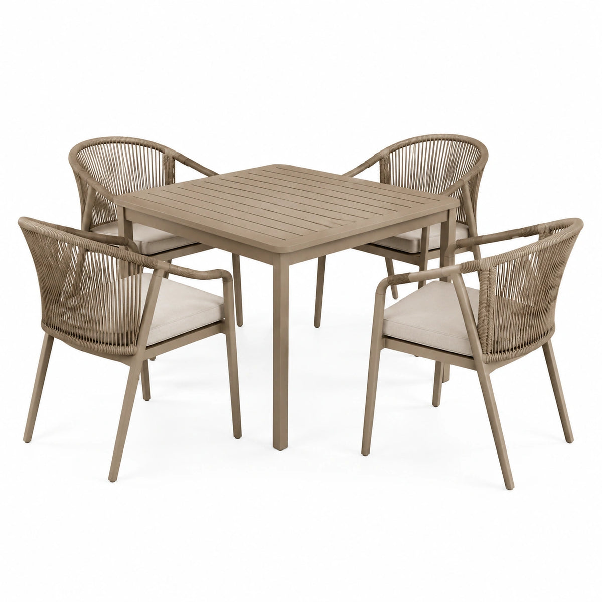 Ensemble repas 4 places taupe et beige avec table 90 x 90 x 75 cm et 4 fauteuils