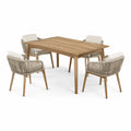 Salon de jardin 4 places avec table 150 x 90 x 75 cm, bois naturel, corde beige et coussins blancs