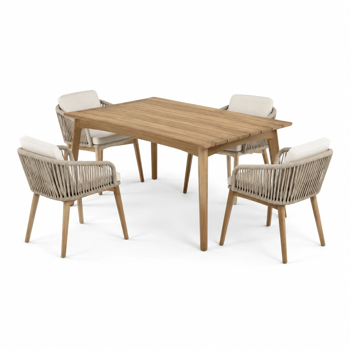 Salon de jardin 4 places avec table 150 x 90 x 75 cm, bois naturel, corde beige et coussins blancs