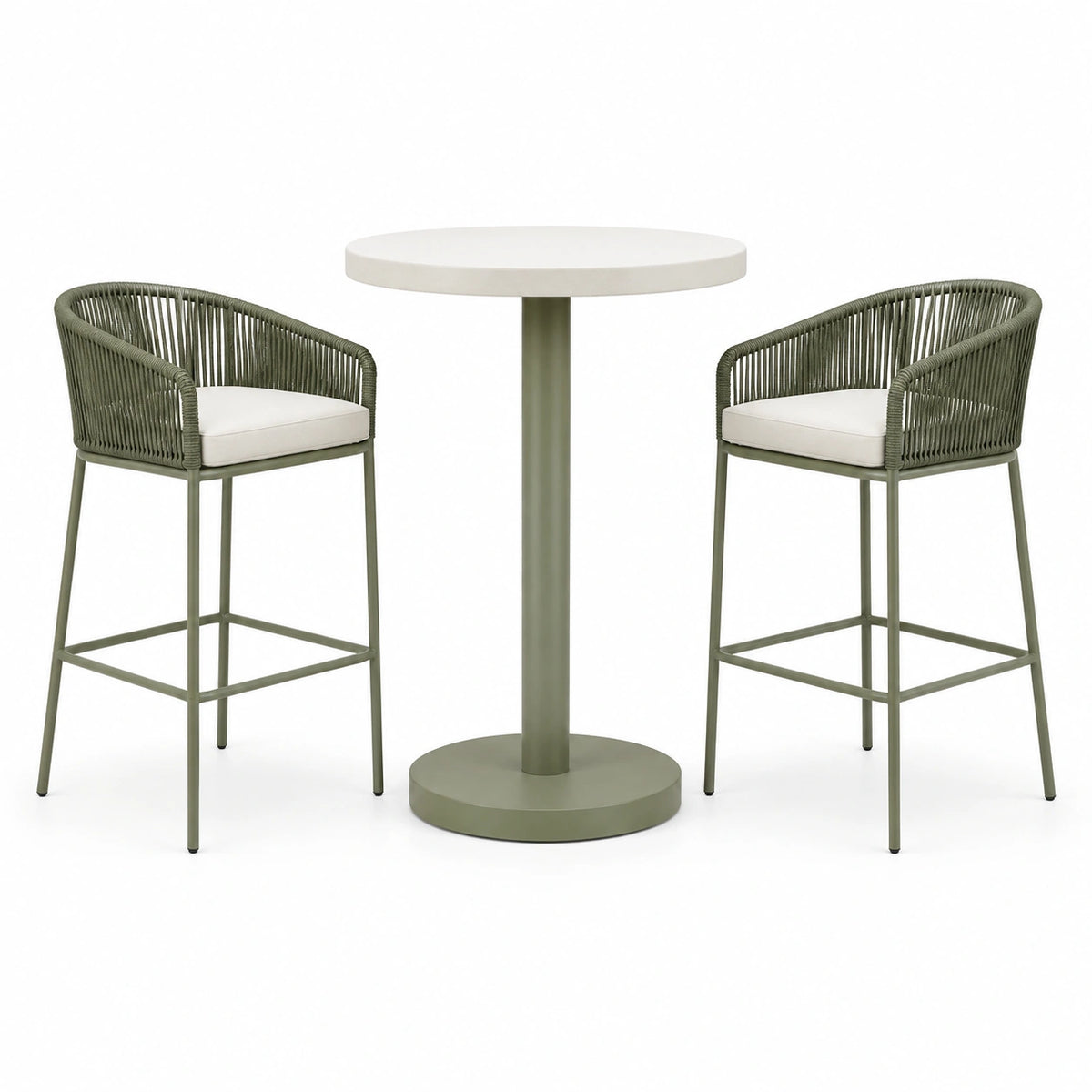 Ensemble de bar extérieur contemporain kaki et blanc avec table ronde Ø 70 x H 105 cm et 2 sièges 55 x 57 x H 105 cm