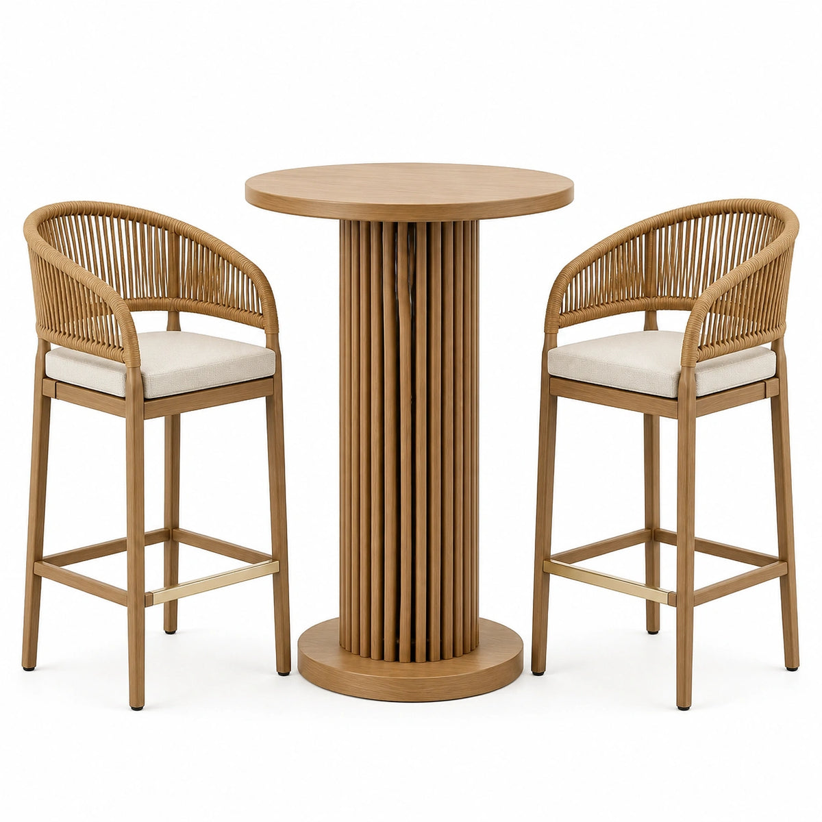 Ensemble table haute ronde Ø 90 x H 105 cm avec 2 tabourets 54 x 55 x H 105 cm en bois, rotin naturel et beige