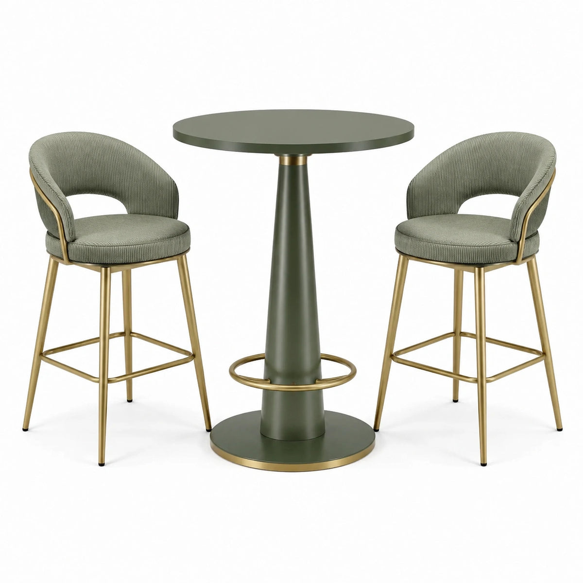 Ensemble de bar contemporain Vert olive et Doré avec table ronde Ø 80 x H 100 cm et 2 tabourets L 50 x P 52 x H 100 cm