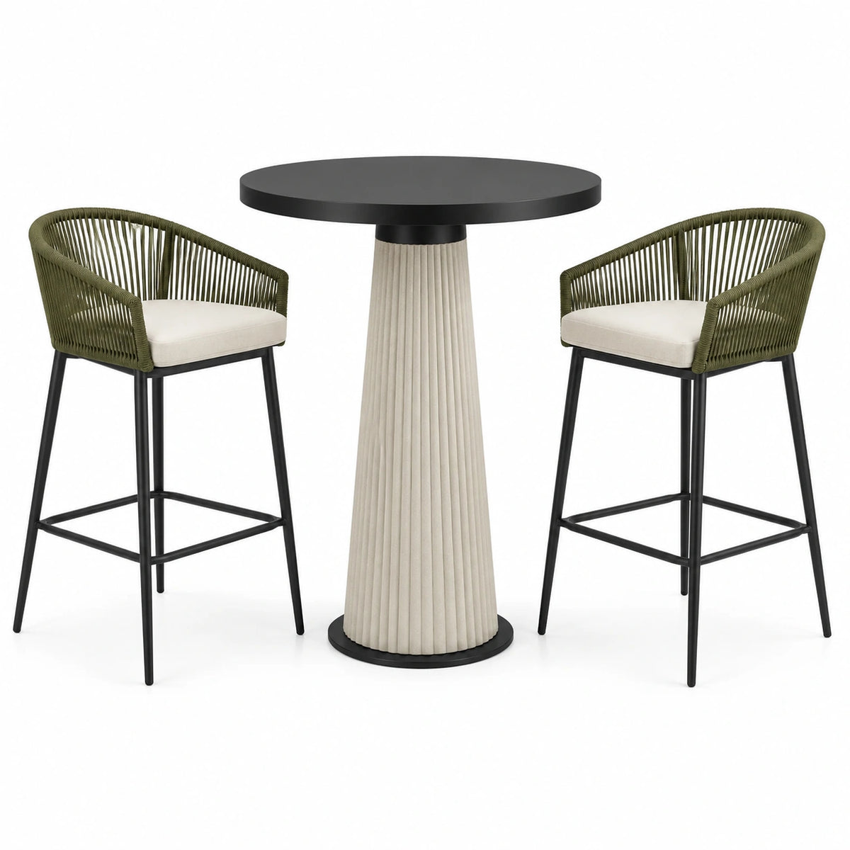 Ensemble de bar contemporain vert, noir et beige avec table ronde Ø 70 x H 100 cm et 2 tabourets L 55 x P 56 x H 100 cm