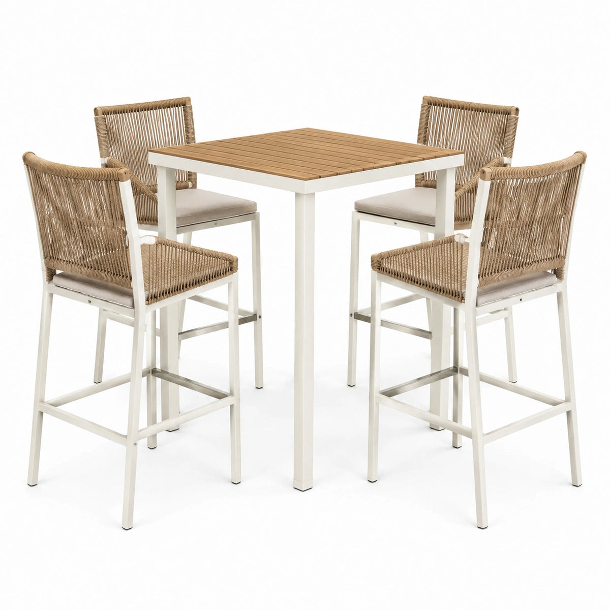 Ensemble table haute 120 x 70 x 105 cm avec 4 fauteuils 57 x 60 x 112 cm, Blanc, Naturel et Beige
