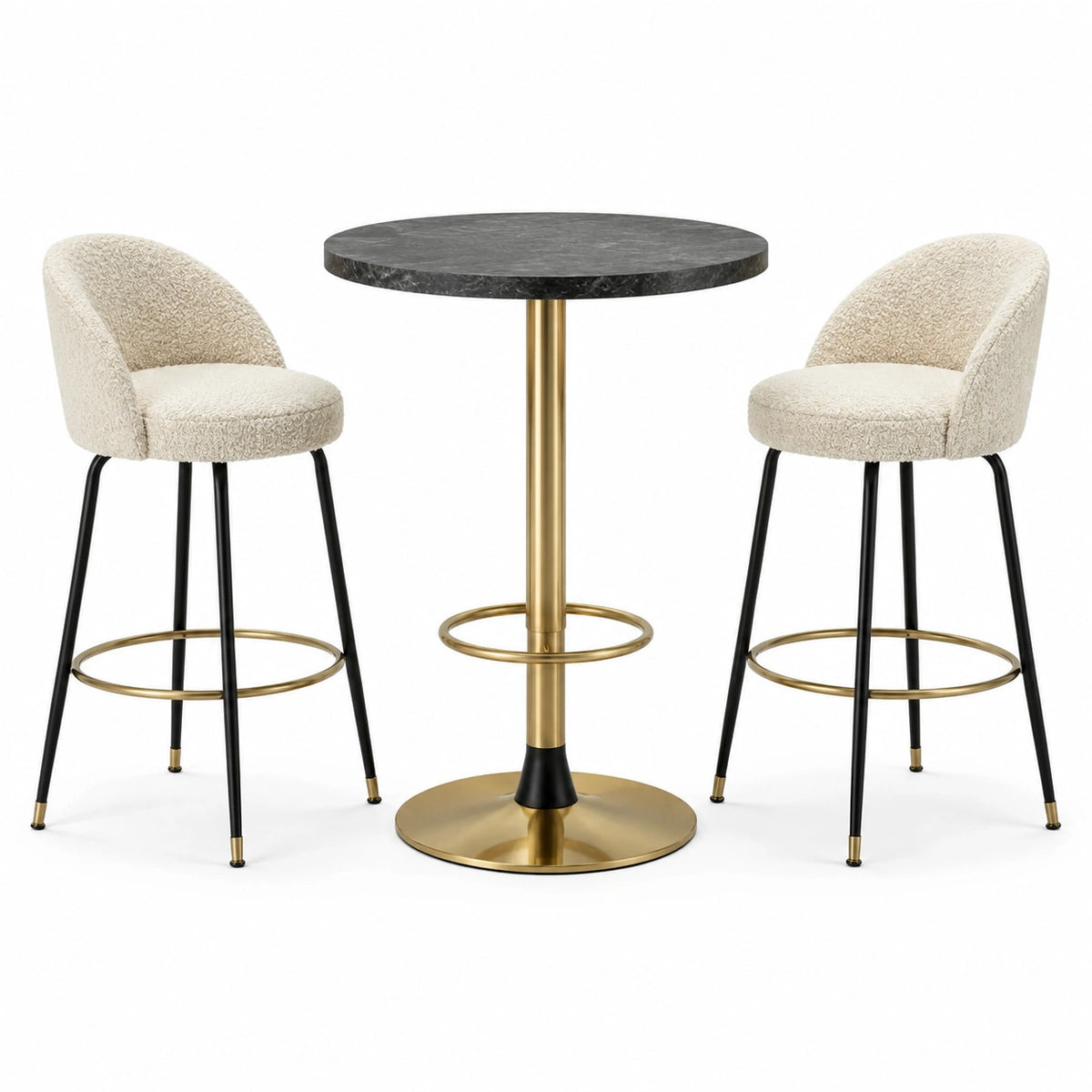 Ensemble noir, doré et beige avec plateau rond effet marbré Ø 80 x H 105 cm et 2 sièges 48 x 52 x H 99 cm
