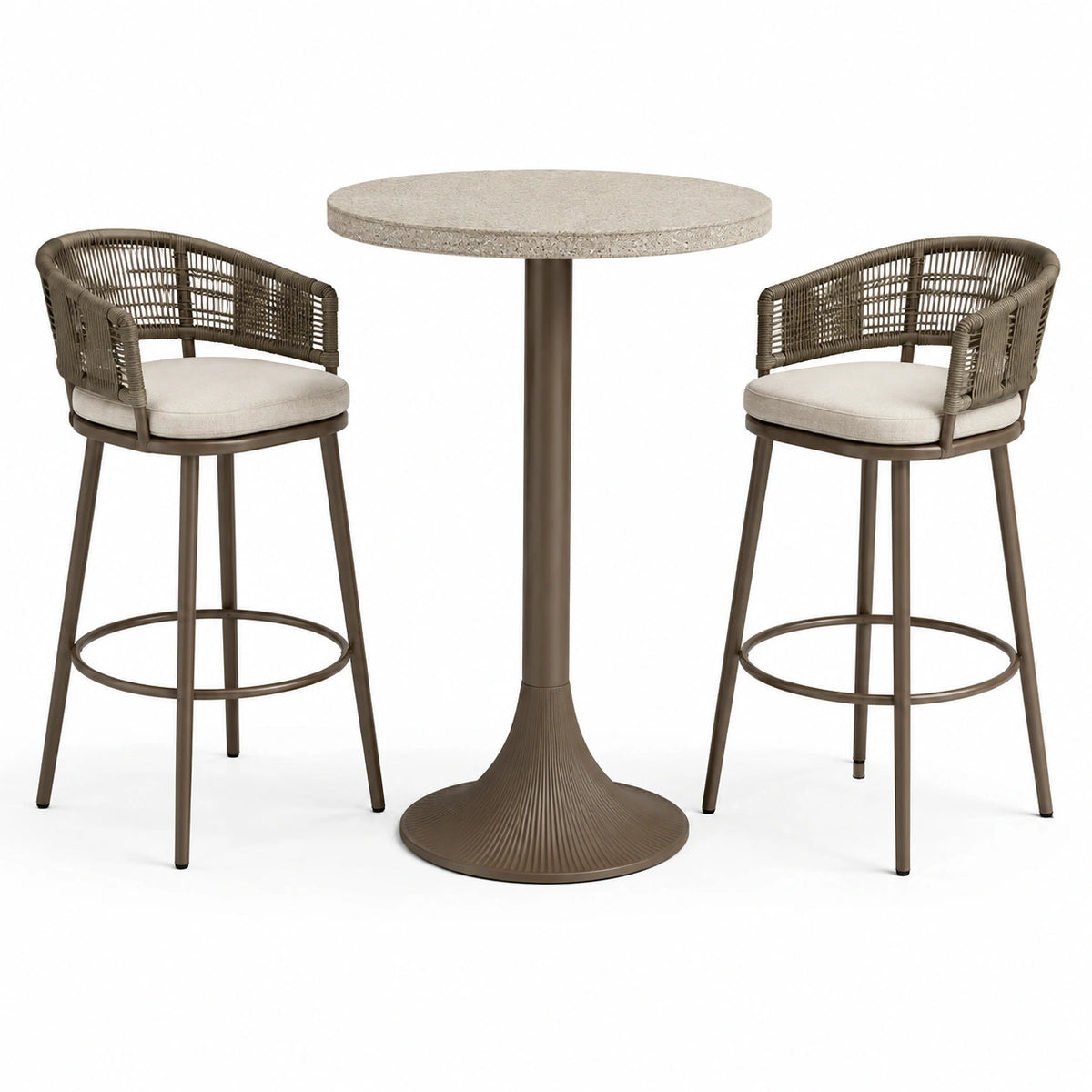 Ensemble brun et beige avec plateau rond Ø 90 x H 105 cm et 2 sièges L 55 x P 58 x H 105 cm