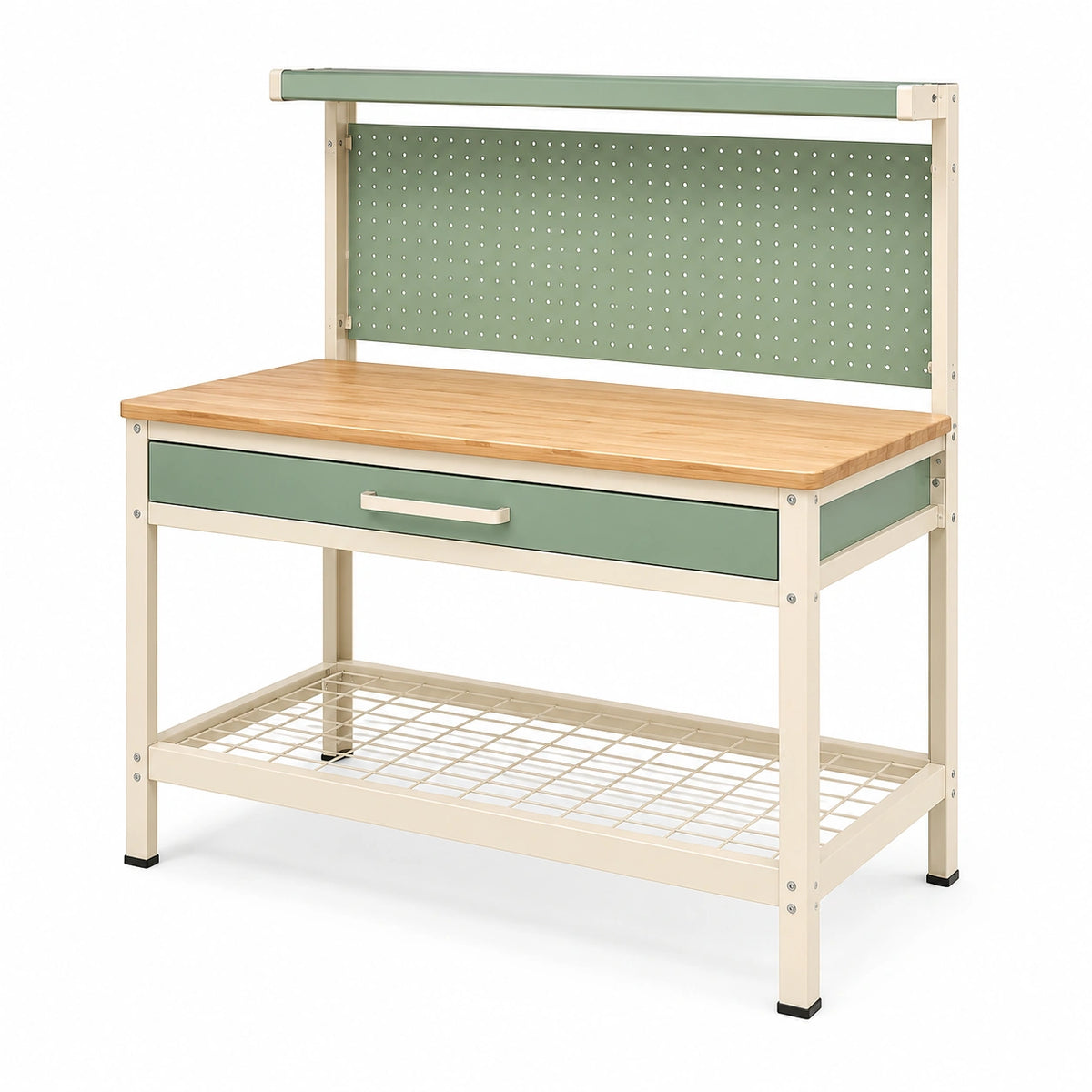Établi d'atelier 120 x 60 x 150 cm en métal et bois, Vert, Crème et Naturel, avec tiroir, panneau perforé et étagère basse