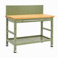 Établi d'atelier 120 x 60 x 155 cm en acier vert avec plateau en bambou naturel