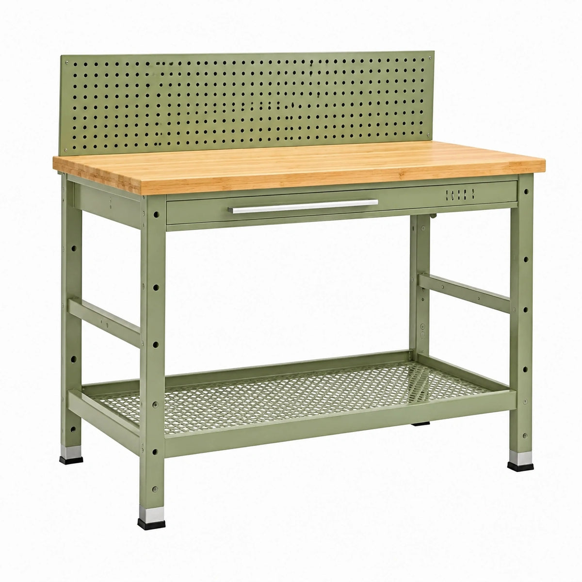 Établi d'atelier 120 x 60 x 155 cm en acier vert avec plateau en bambou naturel