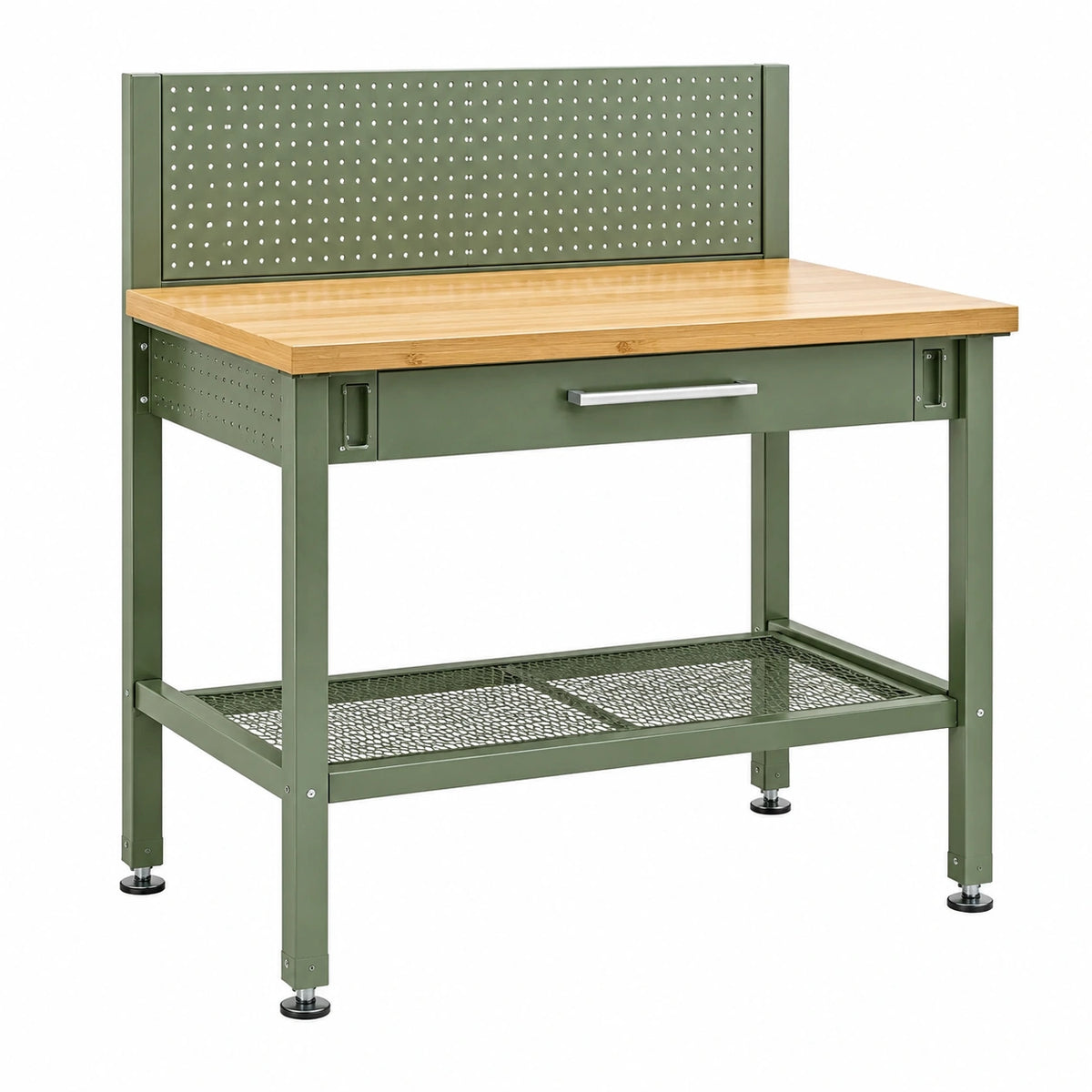 Établi d'atelier 120 x 60 x 155 cm en acier vert avec plateau en bambou, panneau perforé et tiroir