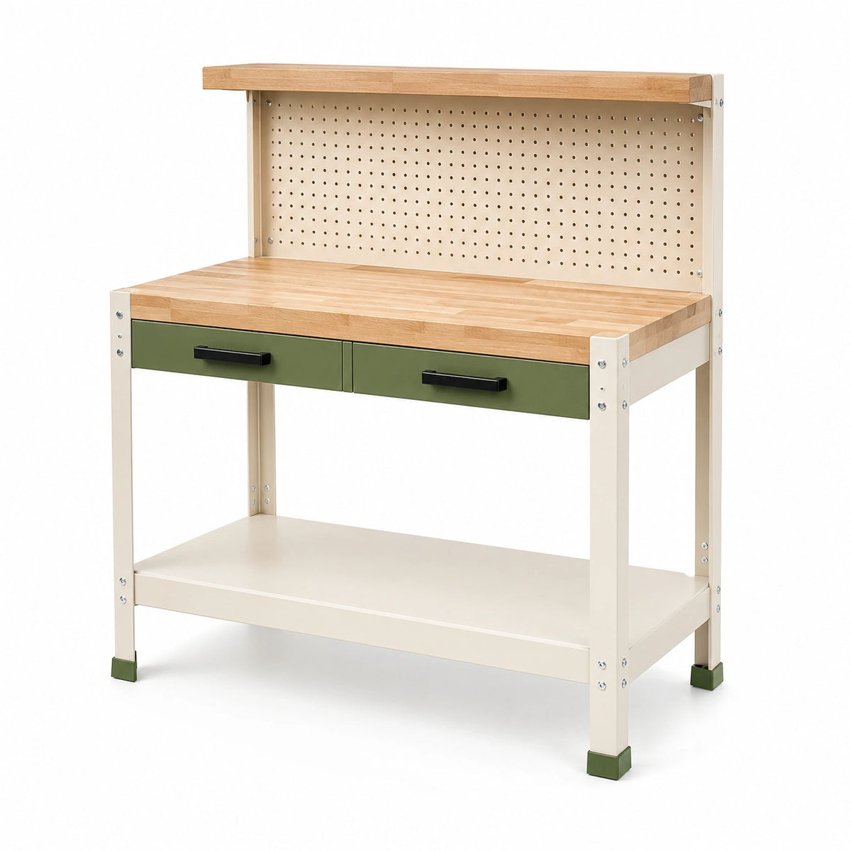 Établi d'atelier 120 x 60 x 150 cm en bois et acier beige, vert, naturel et noir avec panneau perforé et 2 tiroirs