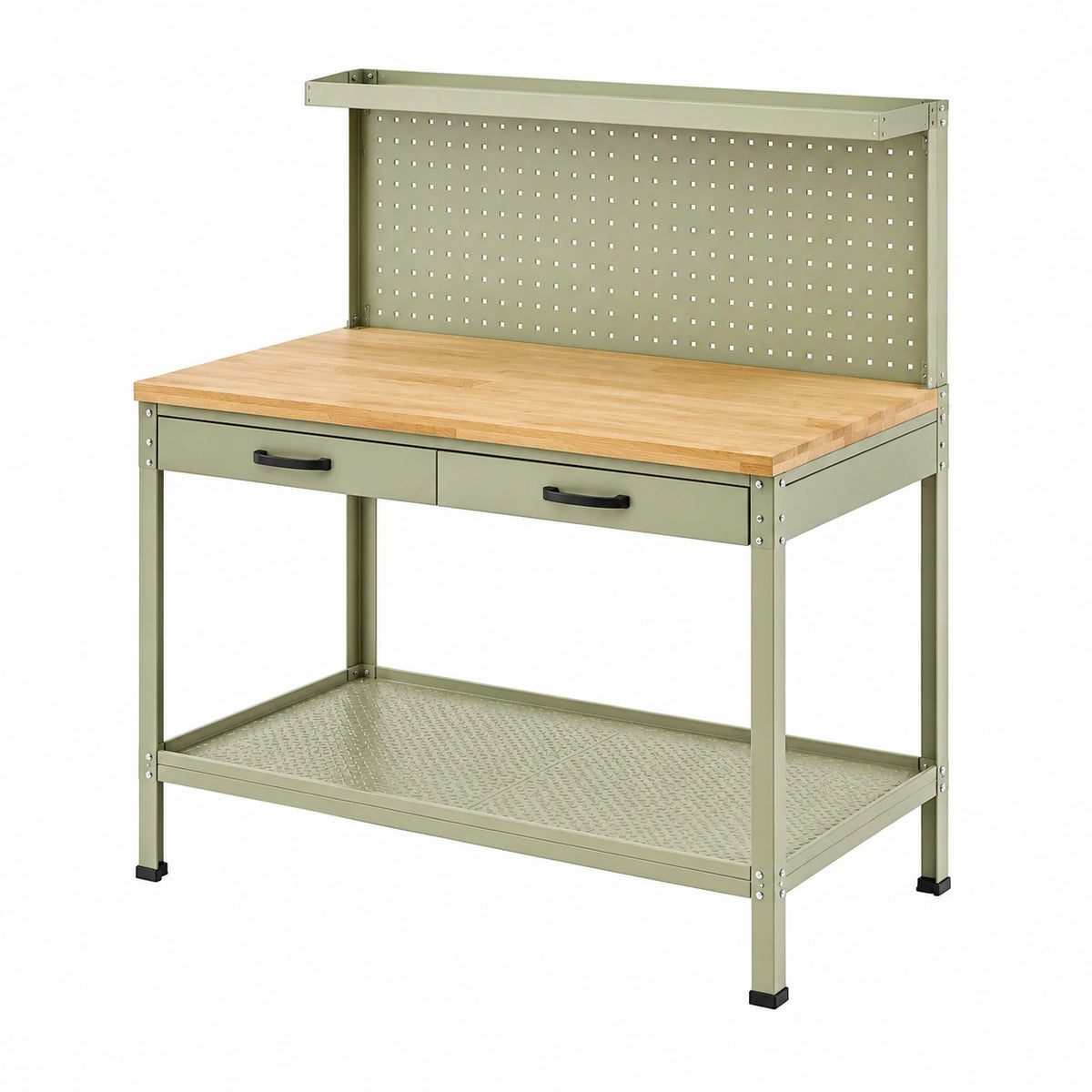 Établi d'atelier 120 x 60 x 150 cm en acier vert kaki, plateau en bois naturel et 2 tiroirs