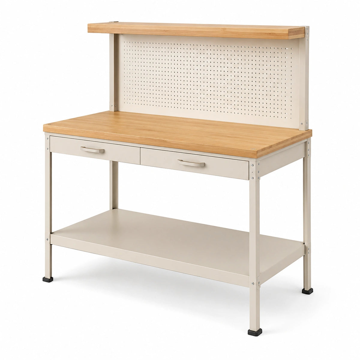 Établi style atelier 120 x 60 x 180 cm en métal beige et bois naturel avec panneau perforé