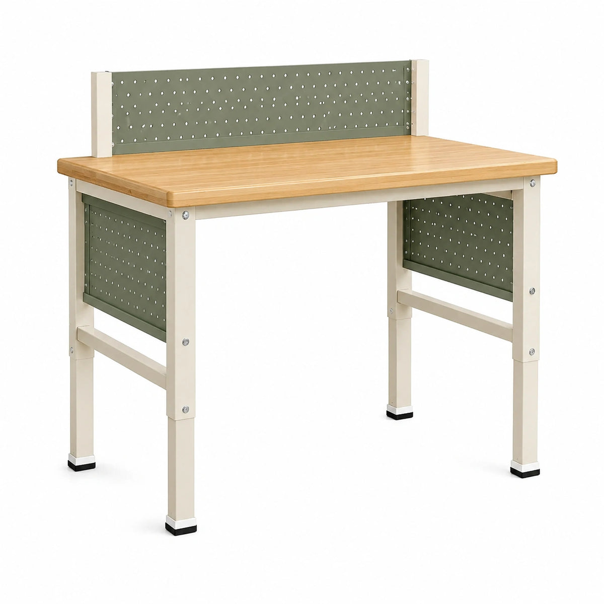 Établi en acier et bambou avec panneaux perforés, 120 x 60 x 100 cm, Beige, Vert, Naturel et Noir