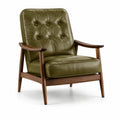 Fauteuil rétro capitonné en bois brun et revêtement effet cuir vert olive, 76 x 82 x 94 cm