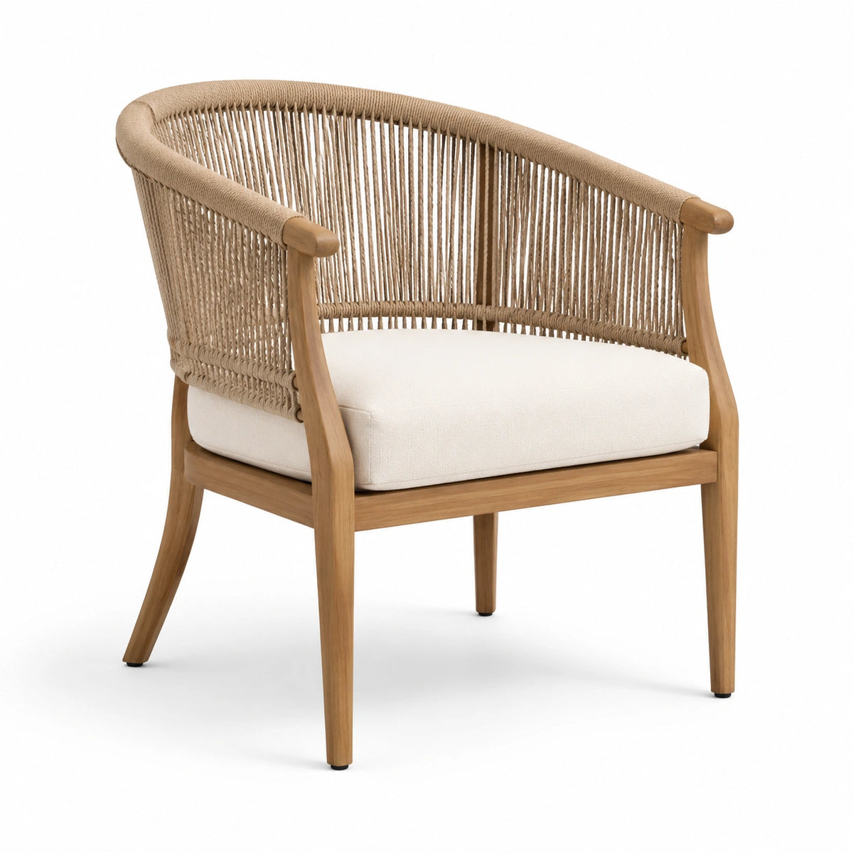 Fauteuil en bois naturel et corde tressée avec coussin beige, 75 x 70 x 80 cm
