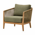 Fauteuil en bois naturel et corde tressée avec coussins vert olive, 76 x 78 x 84 cm