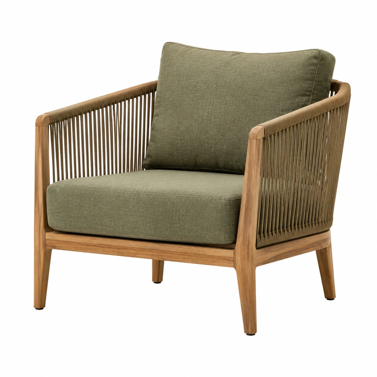 Fauteuil en bois naturel et corde tressée avec coussins vert olive, 76 x 78 x 84 cm