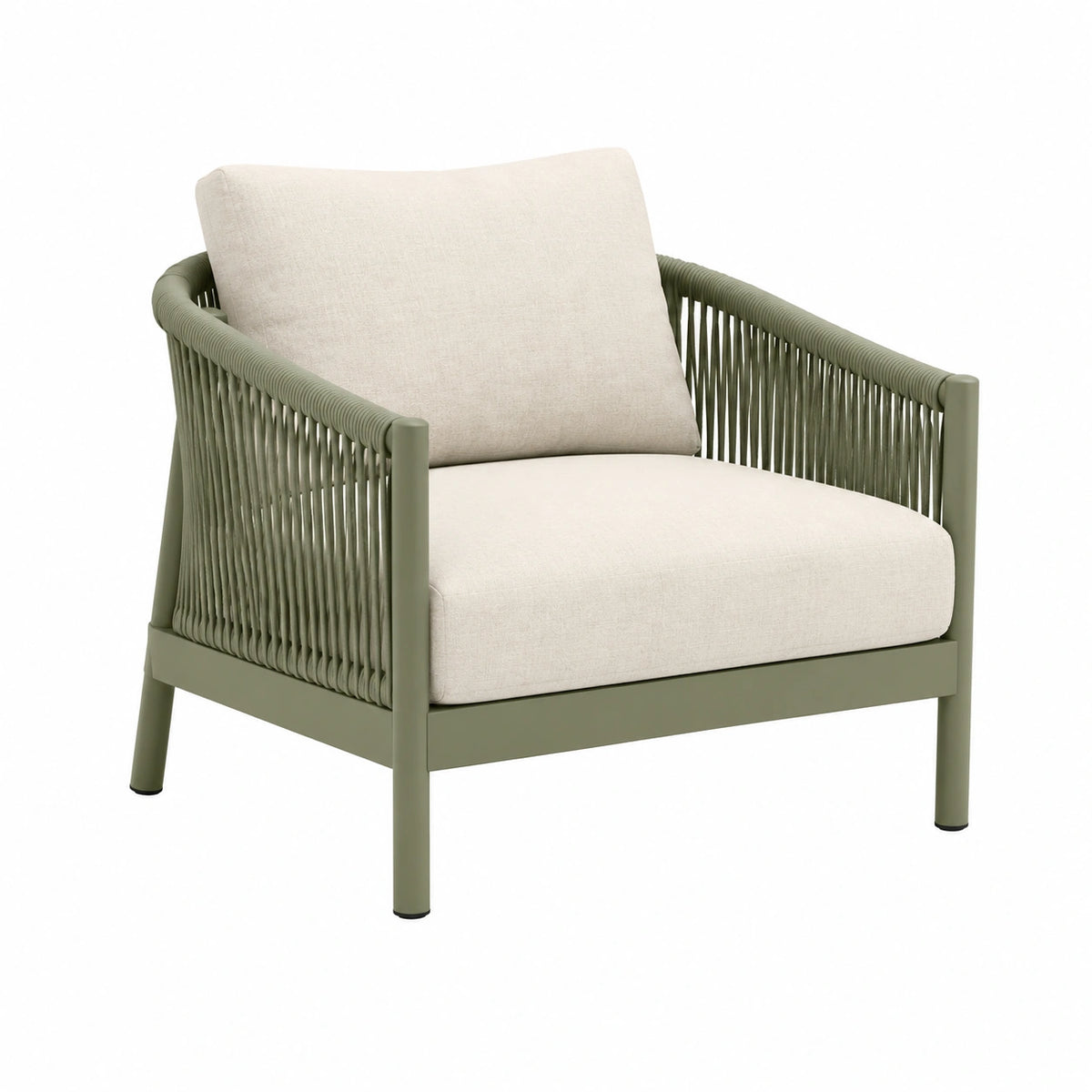 Fauteuil contemporain 75 x 80 x 80 cm en métal vert kaki et cordage tressé avec coussins beiges