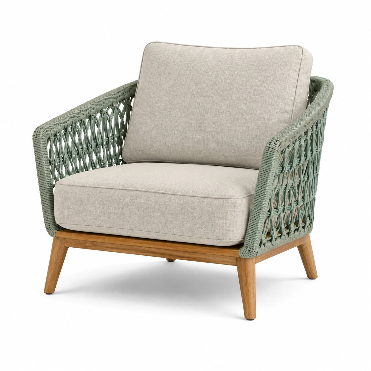 Fauteuil de jardin contemporain 76 x 78 x 82 cm en bois, corde tressée vert sauge et coussins beiges