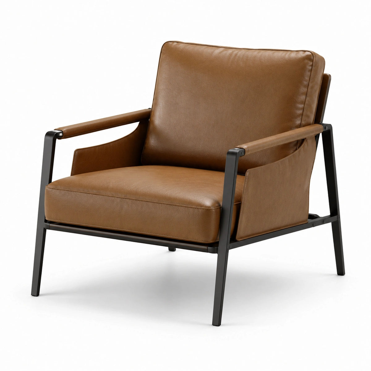 Fauteuil industriel en similicuir marron et métal noir, 78 x 82 x 86 cm