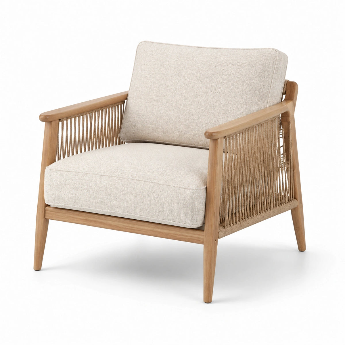 Fauteuil en bois naturel et cordage beige avec coussins rembourrés, 76 x 82 x 84 cm