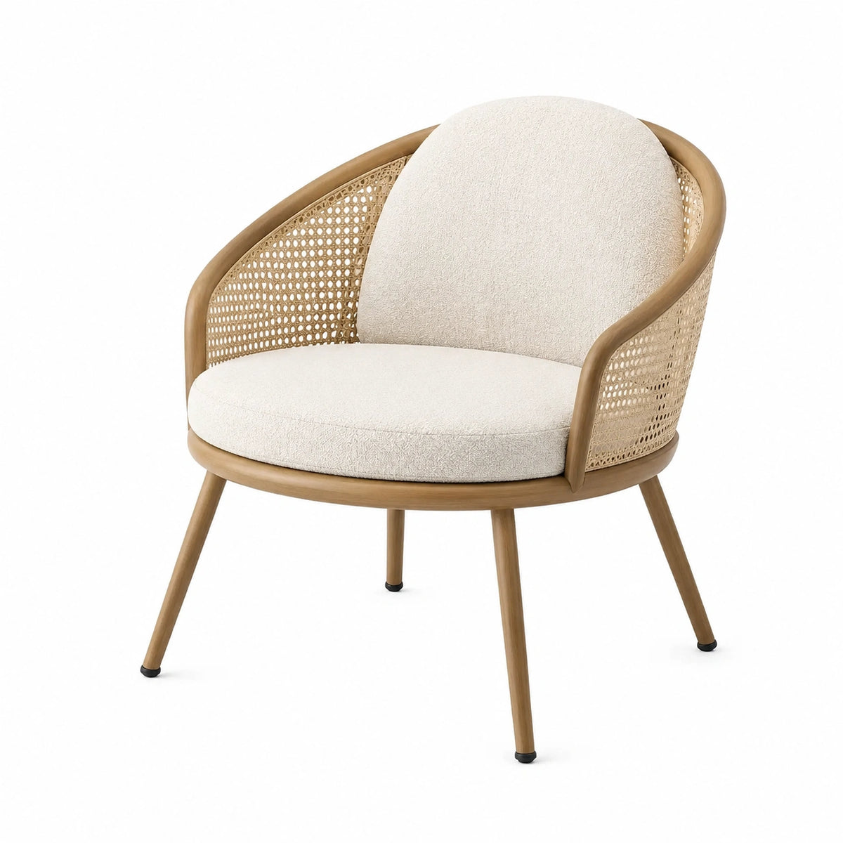 Fauteuil contemporain 72 x 68 x 80 cm en bois et cannage naturel, tissu bouclette écru