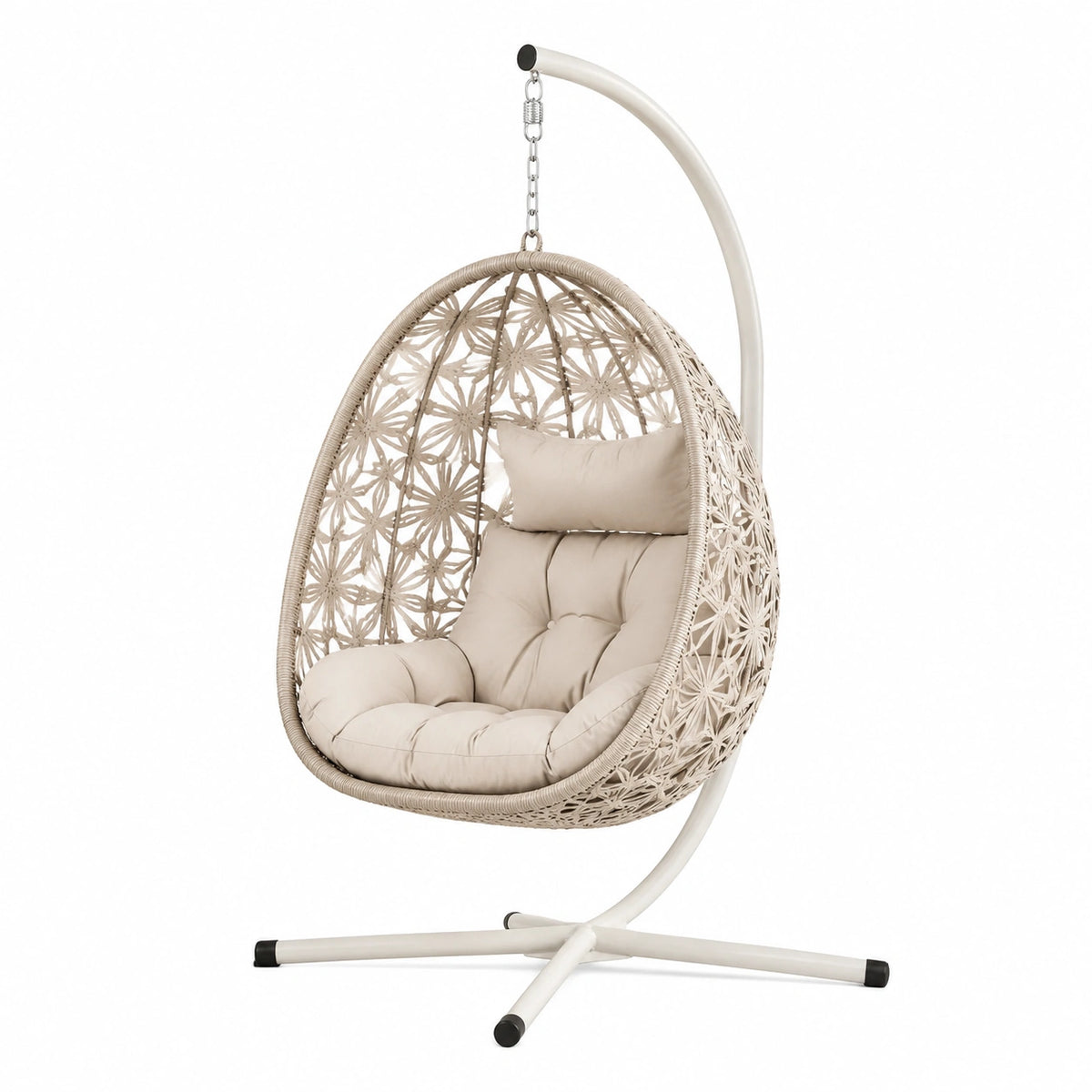 Fauteuil suspendu bohème beige en fibres tressées avec support, 105 x 105 x 195 cm
