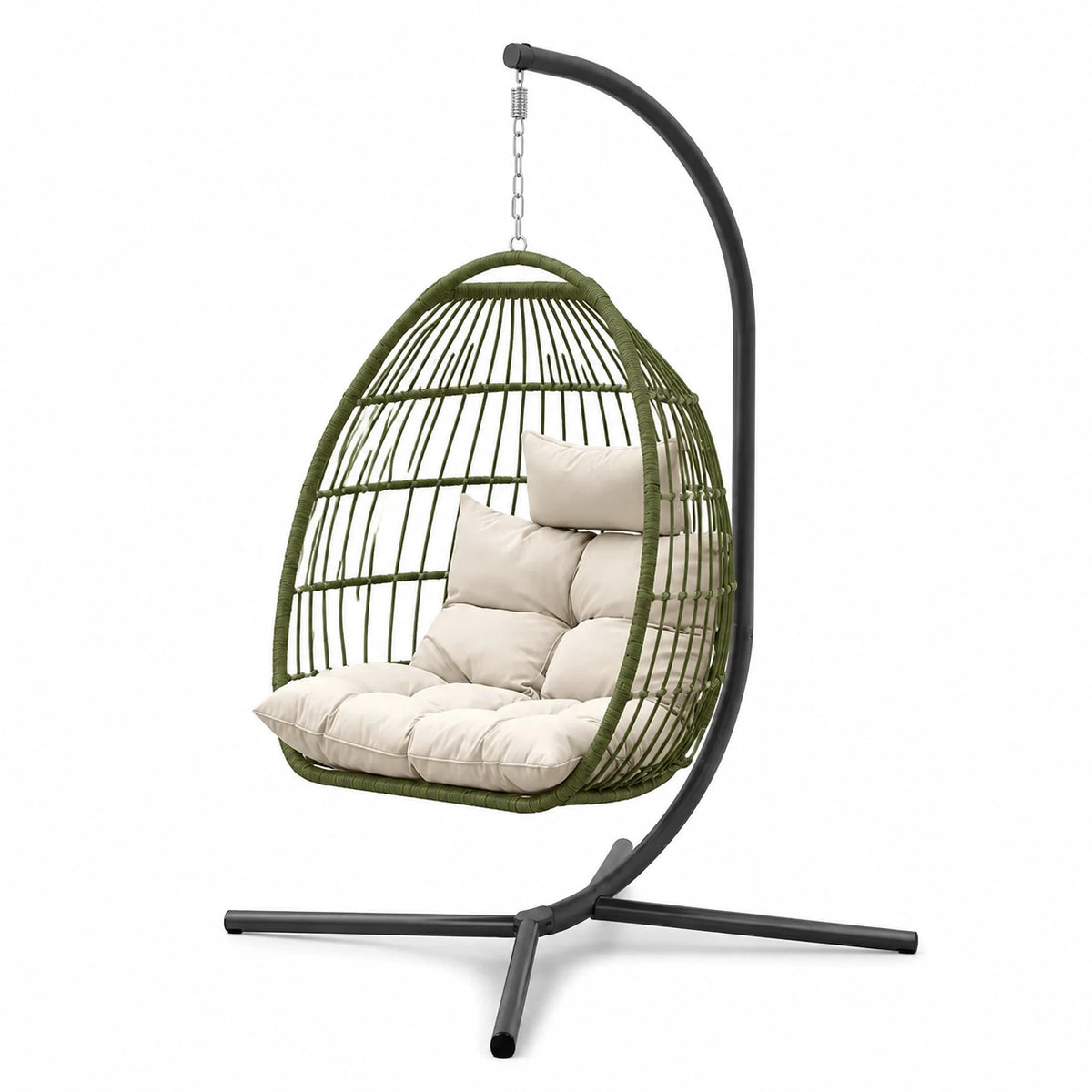 Fauteuil suspendu bohème autoportant 110 x 110 x 195 cm en métal noir, cordage vert et coussins écru