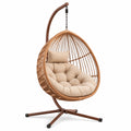 Fauteuil suspendu bohème en résine tressée marron avec coussin beige, 105 x 195 cm