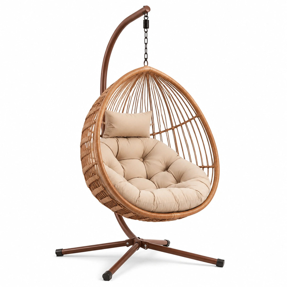 Fauteuil suspendu bohème en résine tressée marron avec coussin beige, 105 x 195 cm