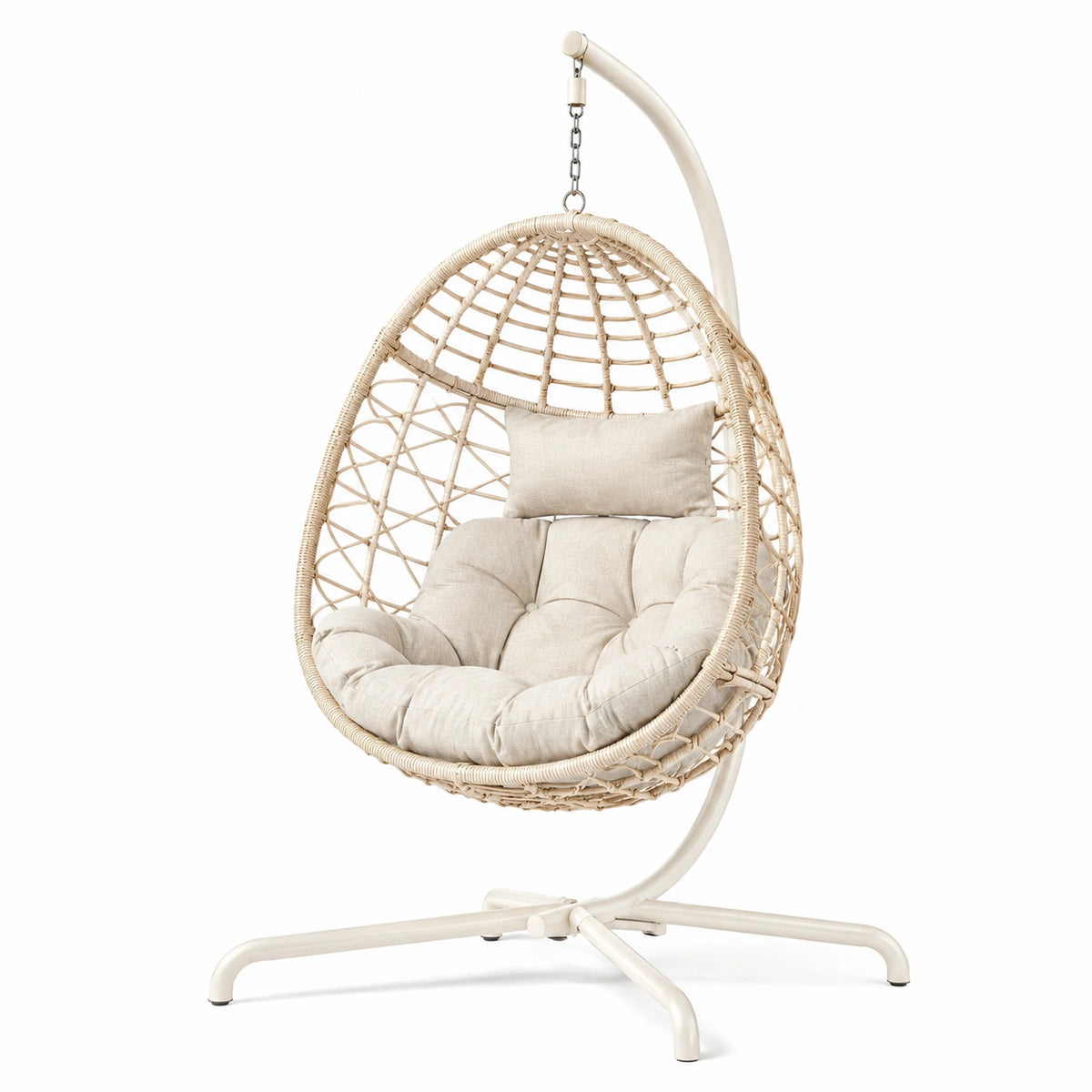 Fauteuil suspendu bohème en rotin beige avec support métallique, 105 x 105 x 195 cm