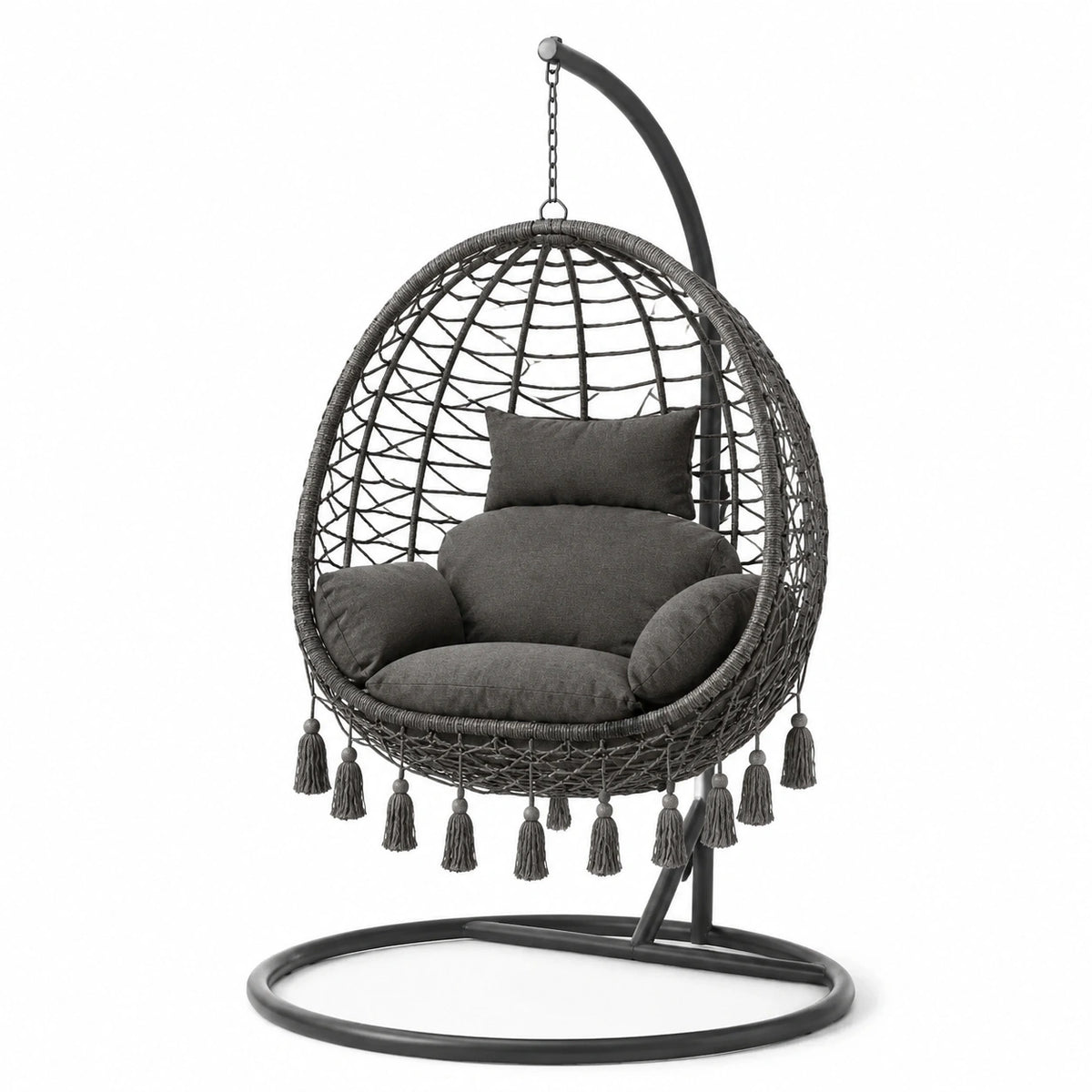 Fauteuil suspendu bohème gris anthracite avec support en métal, 105 x 105 x 195 cm