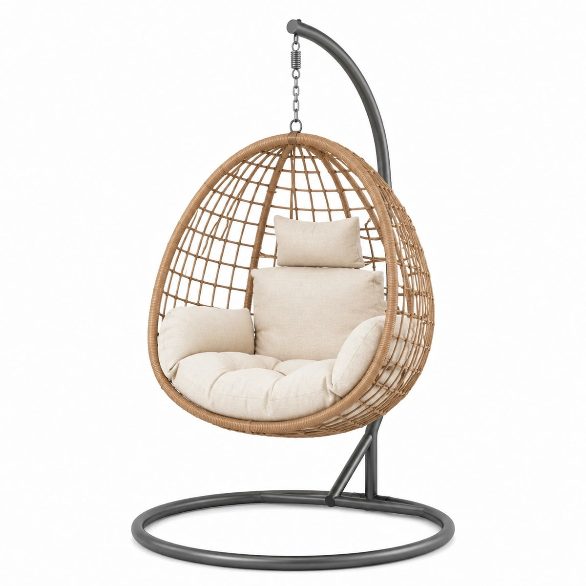 Fauteuil suspendu bohème en rotin tressé naturel avec support noir et coussins beiges, 105 x 105 x 195 cm