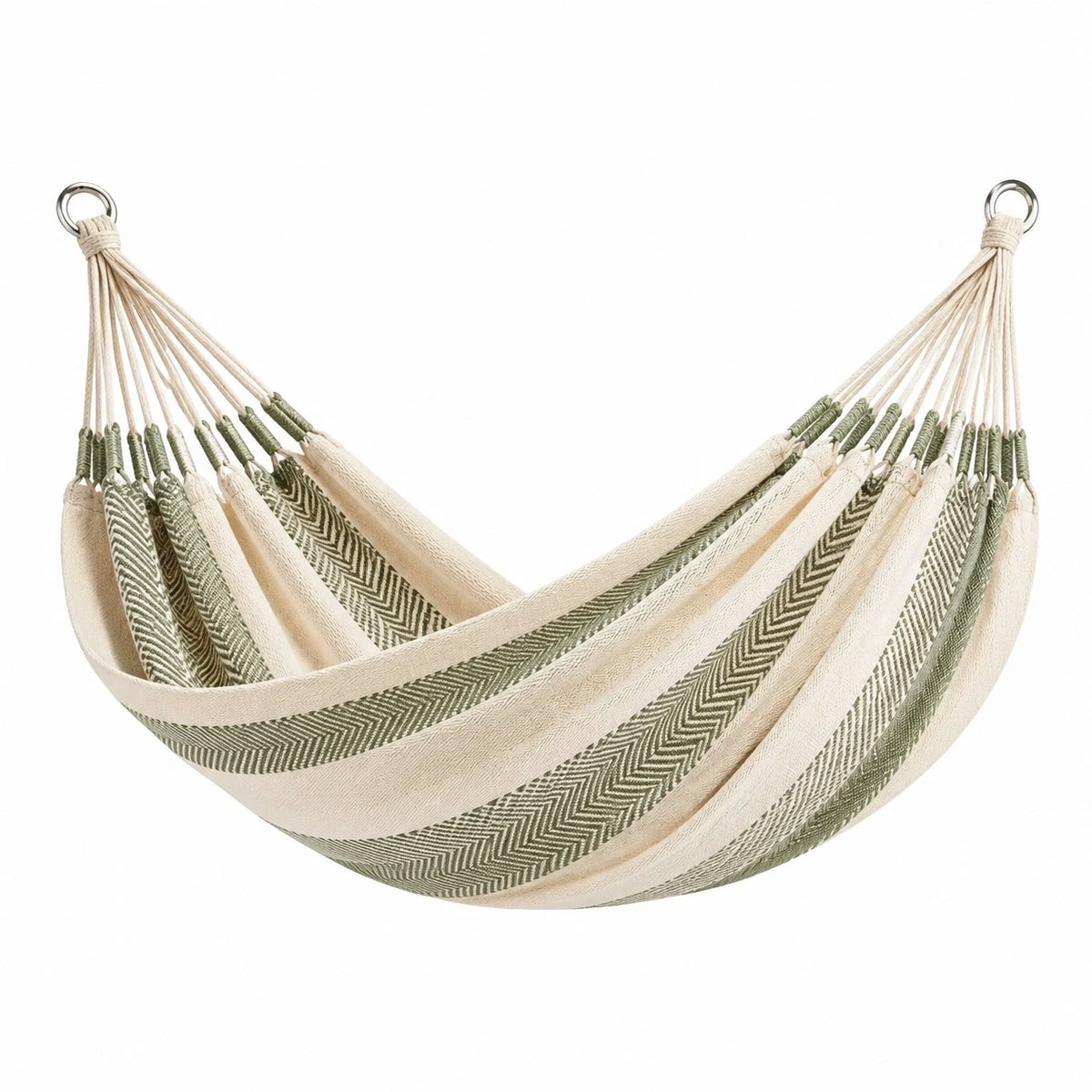 Hamac en coton beige et vert à motif chevrons, 200 x 150 cm