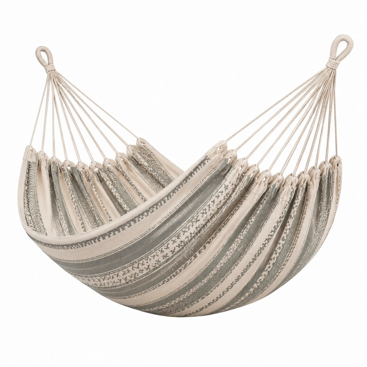 Hamac bohème en coton tissé Beige/Gris à motifs géométriques, 200 x 150 x 120 cm