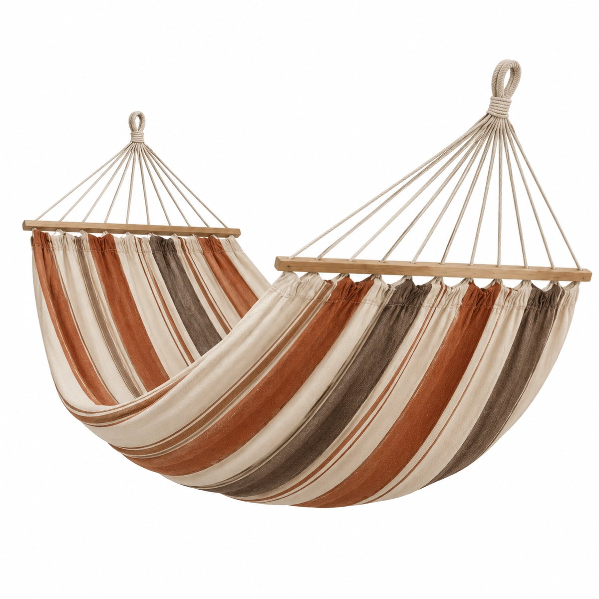 Hamac bohème rayé beige, terre cuite et marron avec barres en bois, 300 x 120 x 5 cm
